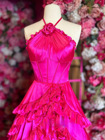 Markel |  Fuchsia Halter Neck Tiered Ruffles Long Prom Dress