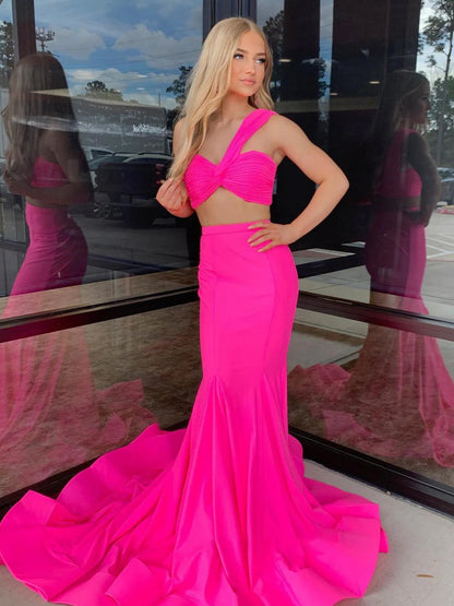 Maven | Hot Pink Two Piece One Shoulder Satin Mermaid Prom Dress