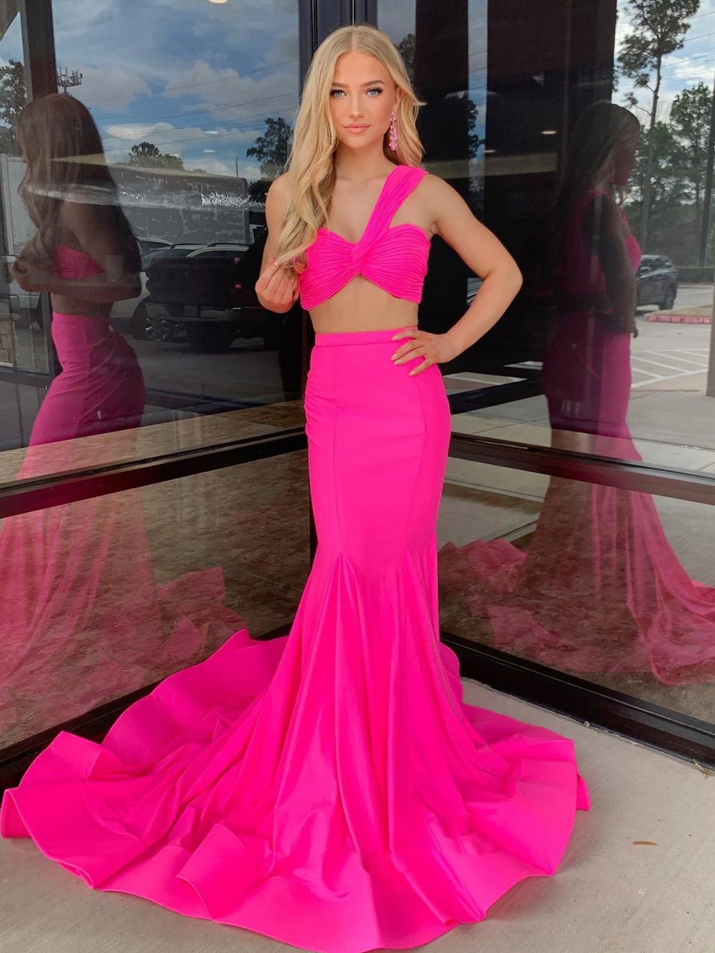 Maven | Hot Pink Two Piece One Shoulder Satin Mermaid Prom Dress