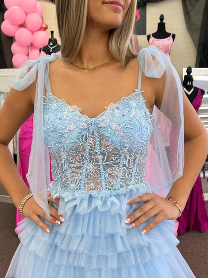 Maylie | Sky Blue Sequines A-line Tulle Prom Dress With Appliques