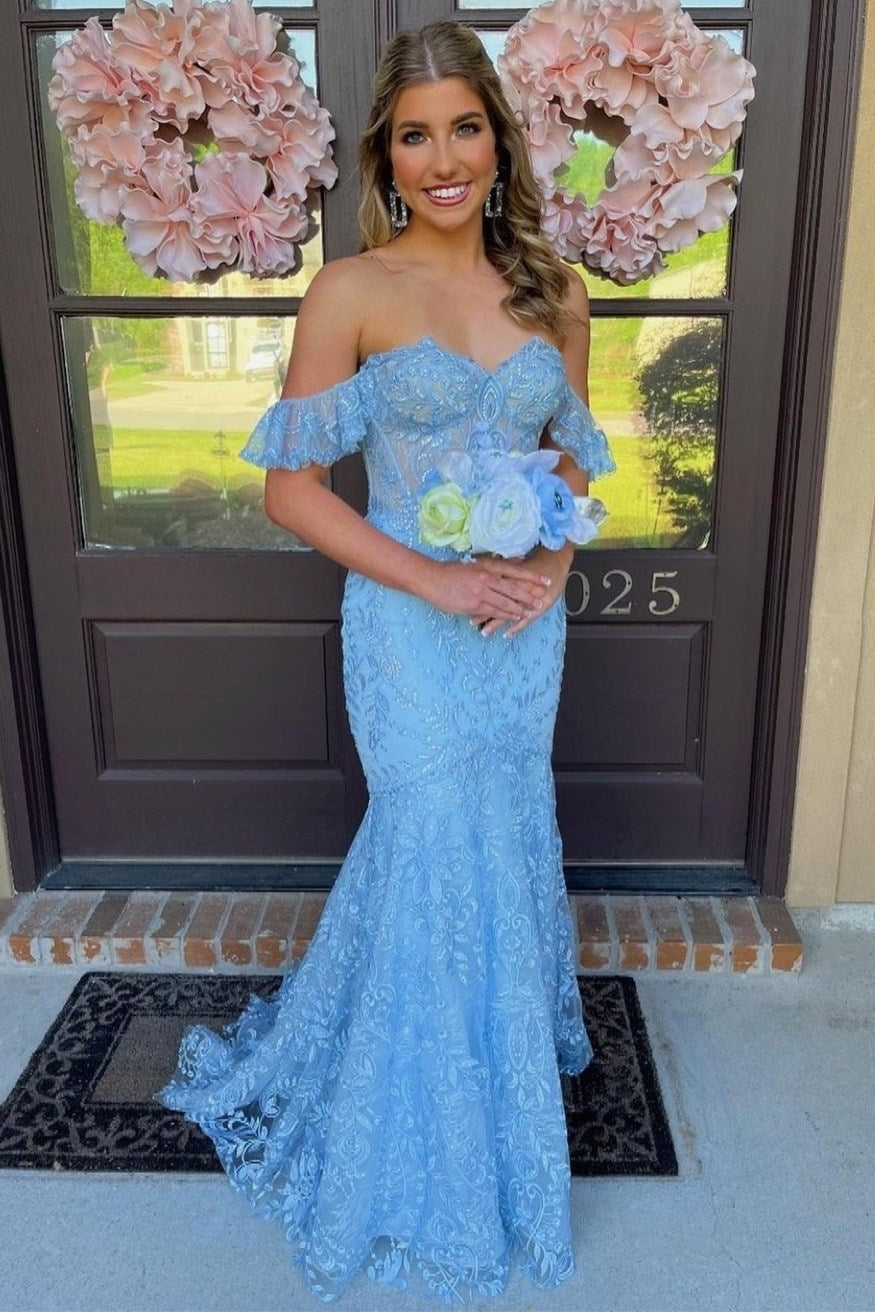 Mckail | Blue Floral Lace Off-the-Shoulder Ruffle Long Prom Dress