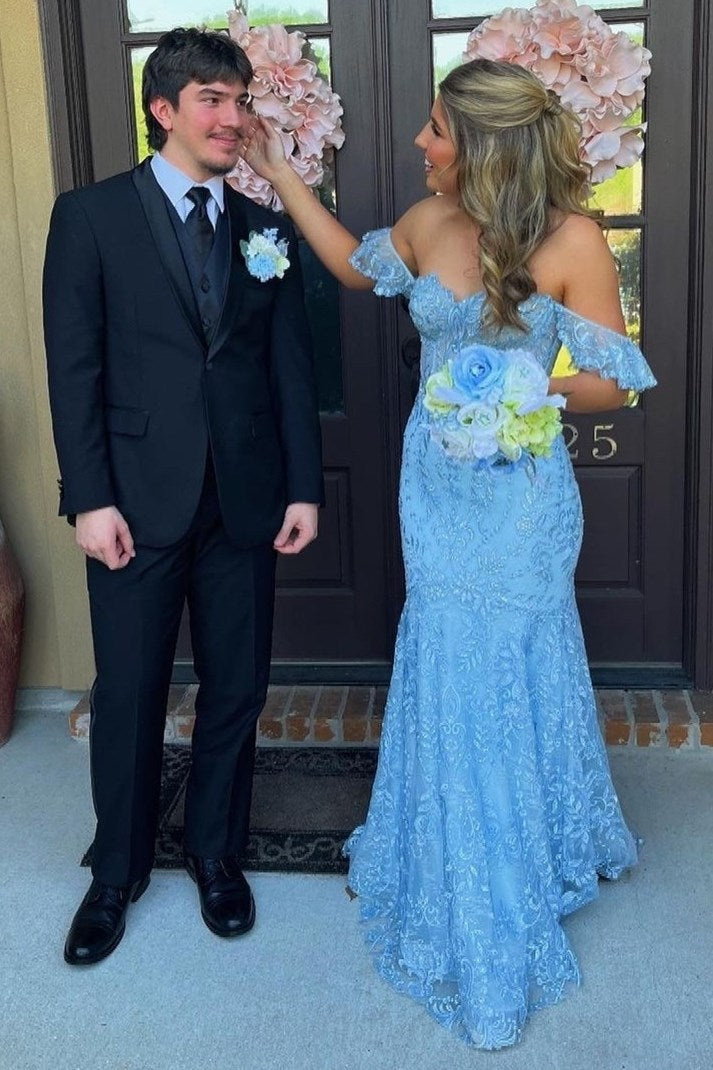 Mckail | Blue Floral Lace Off-the-Shoulder Ruffle Long Prom Dress