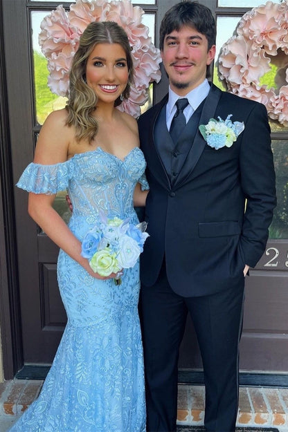 Mckail | Blue Floral Lace Off-the-Shoulder Ruffle Long Prom Dress