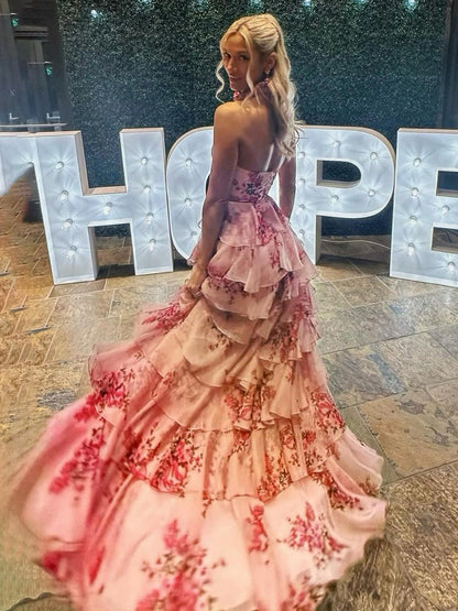 Melinda | Pink A Line Hatler Floral Chiffon Tiered Long Prom Dress