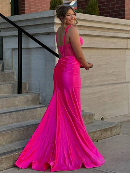 Melo | Straps Hot Pink Pleated Mermaid Prom Dress with Slit