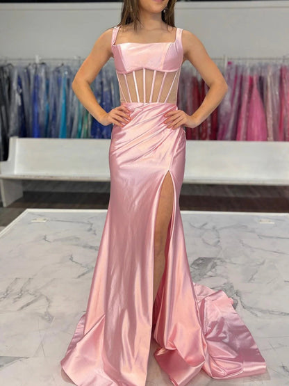 Melo | Straps Hot Pink Pleated Mermaid Prom Dress with Slit