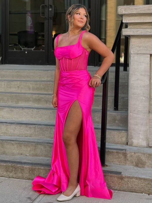 Melo | Straps Hot Pink Pleated Mermaid Prom Dress with Slit