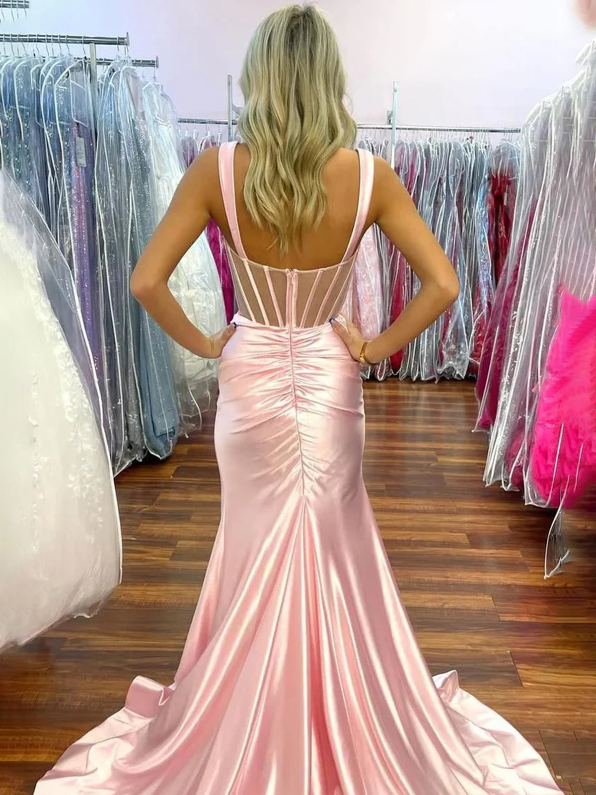 Melo | Straps Hot Pink Pleated Mermaid Prom Dress with Slit