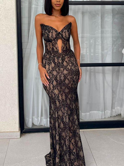 Merlia | Black Strapless V-Neck Sleeveless Lace Mermaid Prom Dress