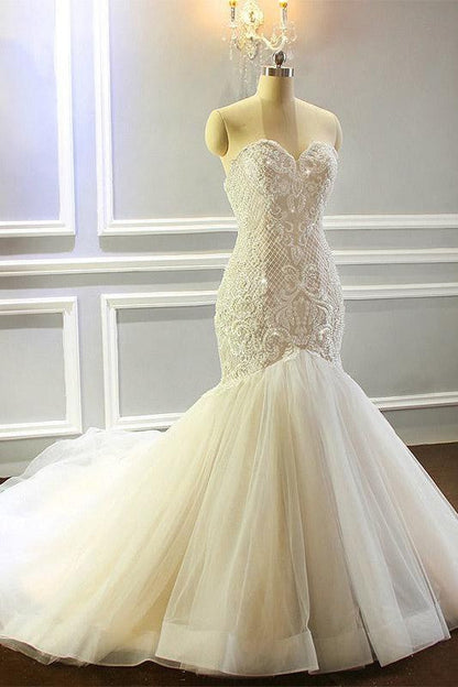 Mermaid Appliques Sweetheart Wedding Dresses Sleeveless Tulle Pleated Bridal Gowns