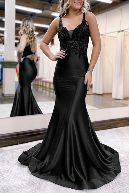 Leila |Mermaid Deep V Neck Satin Long Prom Dress with Appliques