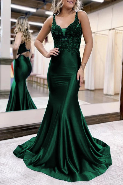 Leila |Mermaid Deep V Neck Satin Long Prom Dress with Appliques