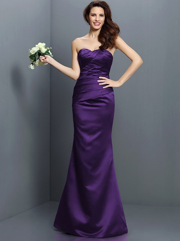 Mermaid Gorgeous Strapless Pleats Sleeveless Long Satin Bridesmaid Dresses