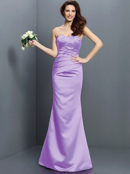 Mermaid Gorgeous Strapless Pleats Sleeveless Long Satin Bridesmaid Dresses