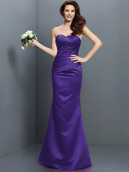 Mermaid Gorgeous Strapless Pleats Sleeveless Long Satin Bridesmaid Dresses