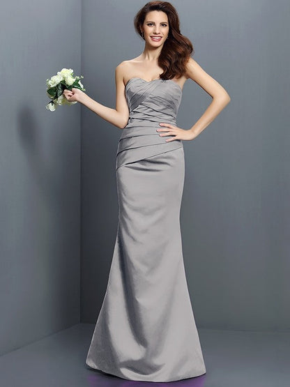 Mermaid Gorgeous Strapless Pleats Sleeveless Long Satin Bridesmaid Dresses