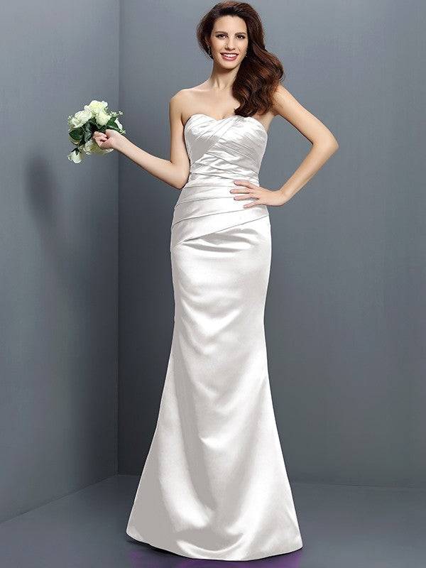 Mermaid Gorgeous Strapless Pleats Sleeveless Long Satin Bridesmaid Dresses