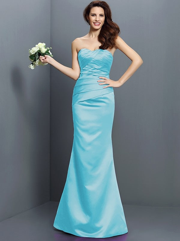 Mermaid Gorgeous Strapless Pleats Sleeveless Long Satin Bridesmaid Dresses