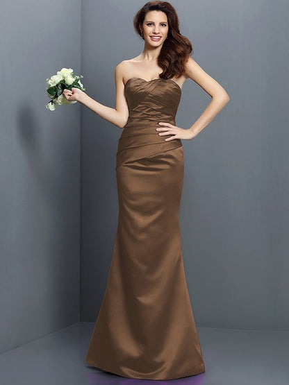 Mermaid Gorgeous Strapless Pleats Sleeveless Long Satin Bridesmaid Dresses