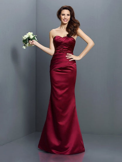 Mermaid Gorgeous Strapless Pleats Sleeveless Long Satin Bridesmaid Dresses