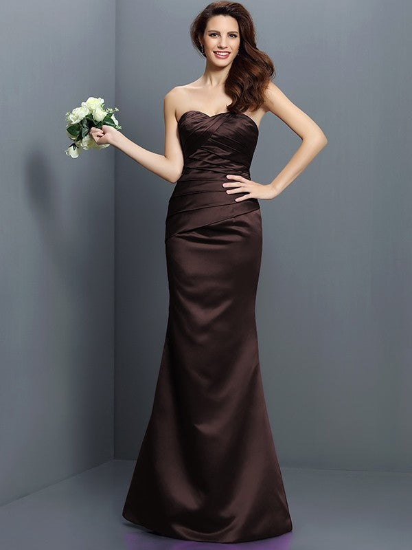 Mermaid Gorgeous Strapless Pleats Sleeveless Long Satin Bridesmaid Dresses