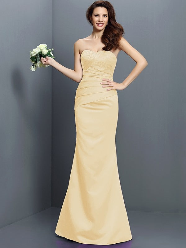 Mermaid Gorgeous Strapless Pleats Sleeveless Long Satin Bridesmaid Dresses