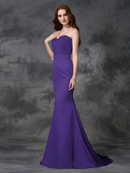 Mermaid Gorgeous Sweetheart Beading Sleeveless Long Satin Chiffon Bridesmaid Dresses