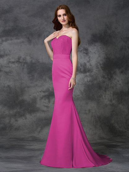 Mermaid Gorgeous Sweetheart Beading Sleeveless Long Satin Chiffon Bridesmaid Dresses