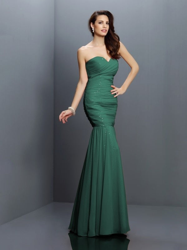 Mermaid Gorgeous Sweetheart Pleats Sleeveless Long Chiffon Bridesmaid Dresses