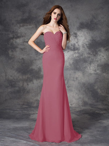 Mermaid Gorgeous Sweetheart Ruched Sleeveless Long Chiffon Bridesmaid Dresses