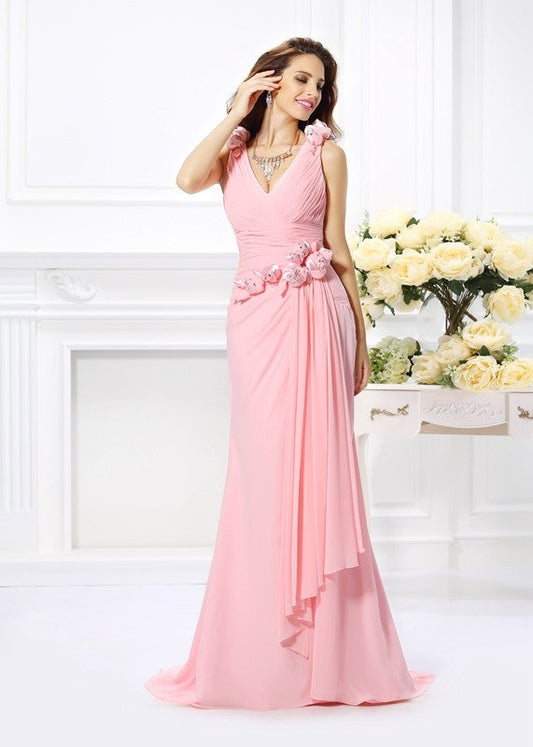 Mermaid Gorgeous V-neck Hand-Made Flower Sleeveless Long Chiffon Bridesmaid Dresses