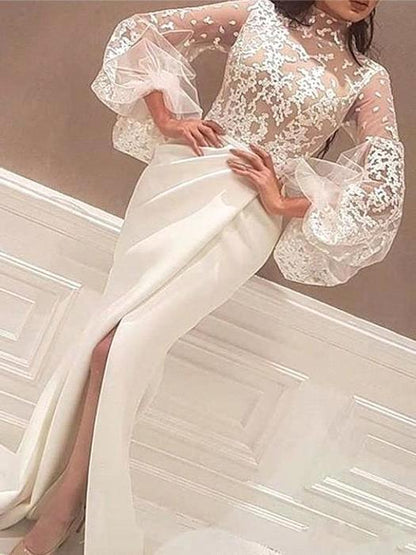 Mermaid High Neck Lace Wedding Dress Satin Long Sleeves Evening Party Dress