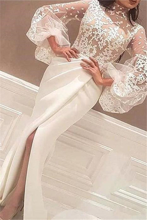 Mermaid High Neck Lace Wedding Dress Satin Long Sleeves Evening Party Dress