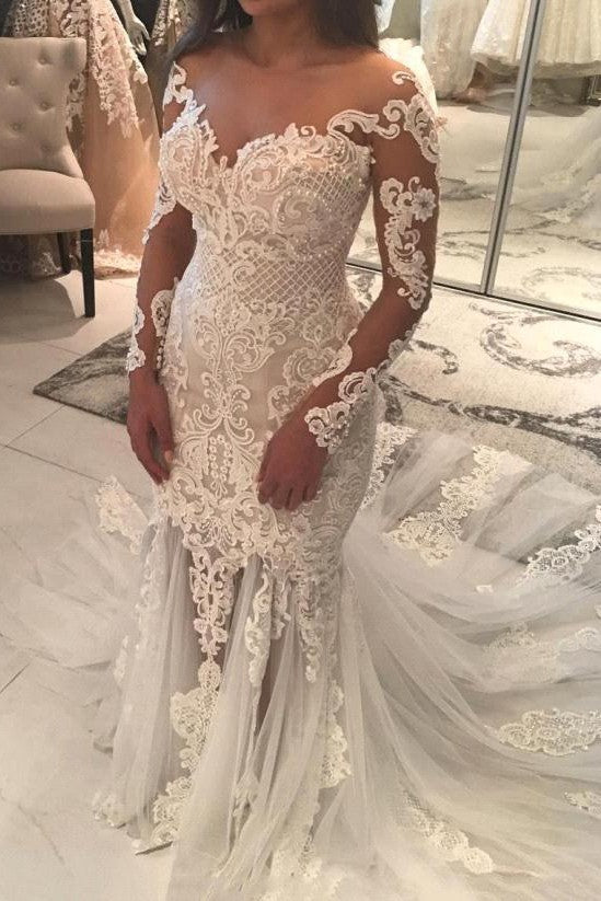 Mermaid Lace Appliques Modern Tulle Wedding Dress Long Sleeves Bride Dress With Long Train