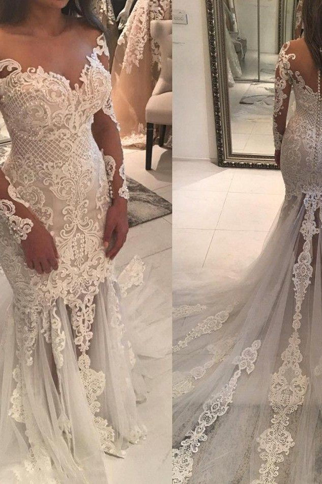 Mermaid Lace Appliques Modern Tulle Wedding Dress Long Sleeves Bride Dress With Long Train