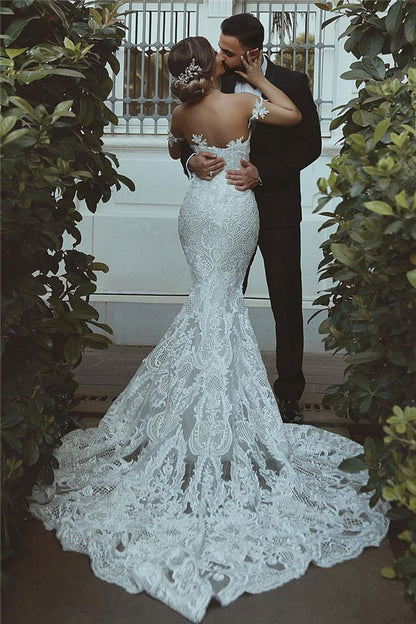 Mermaid Lace Wedding Dress Modern Court Train Sweetheart Bridal Gowns with Sleeve Decorations