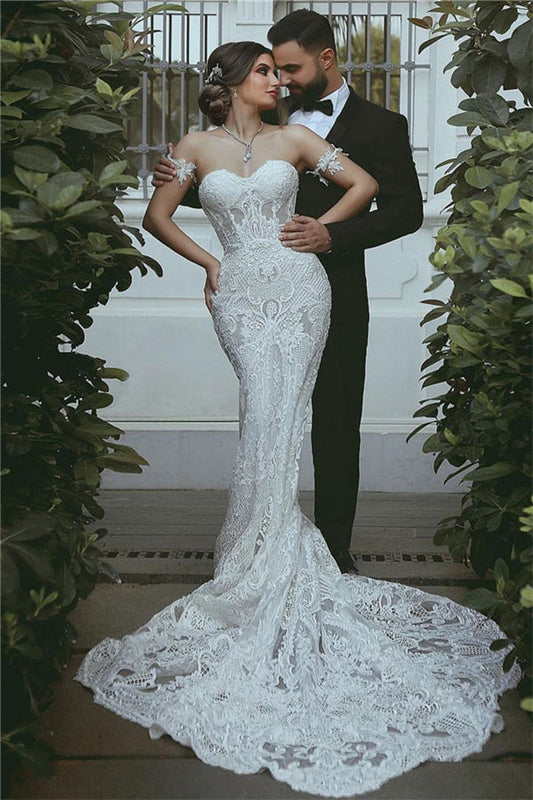 Mermaid Lace Wedding Dress Modern Court Train Sweetheart Bridal Gowns with Sleeve Decorations