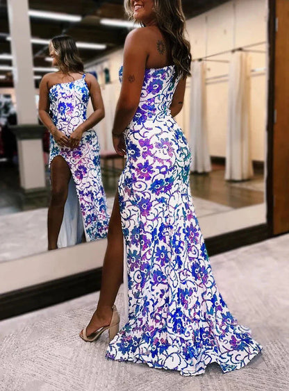 Mermaid One Shoulder Sequin Appliques Long Prom Dresses with Slit