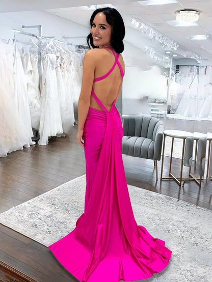 Angela |Mermaid Pink V Neck Backless Satin Long Prom Dress