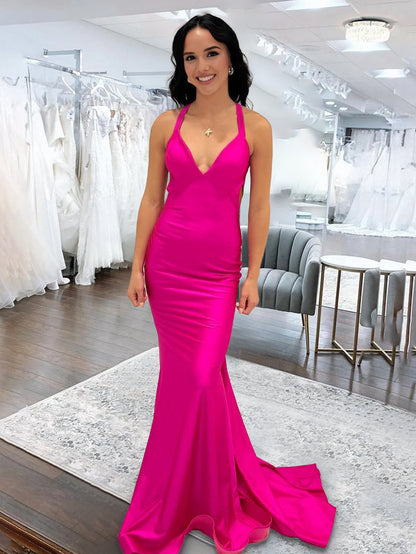 Angela |Mermaid Pink V Neck Backless Satin Long Prom Dress