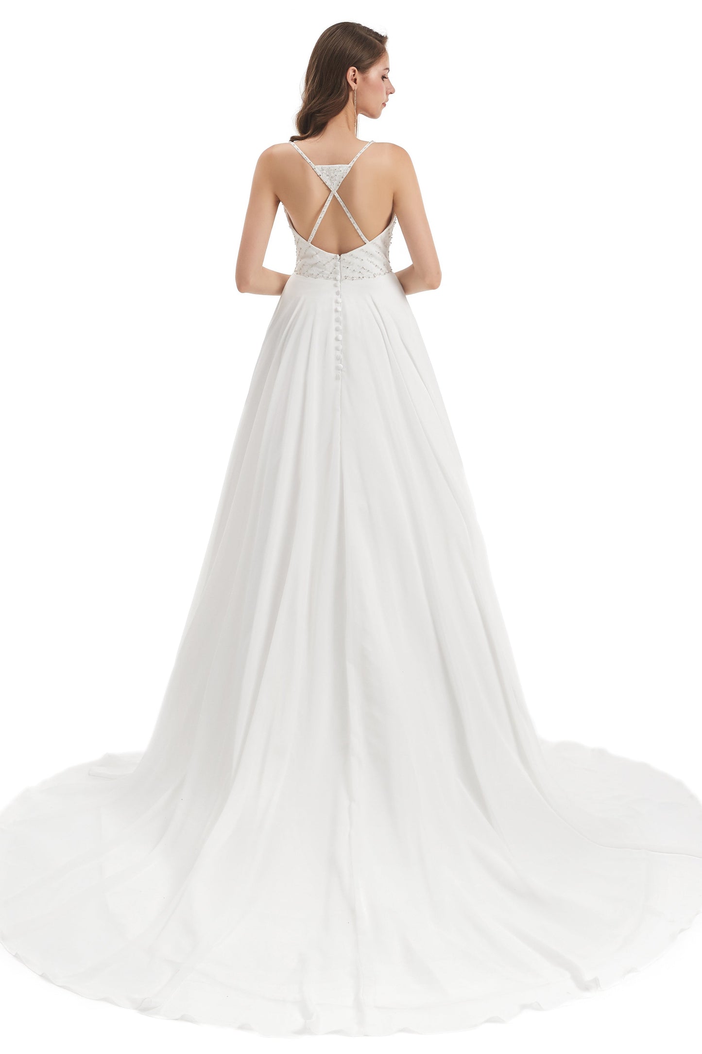 Mermaid Spaghetti strap Beading V-neck Floor-length Sleeveless Backless Wedding Dress