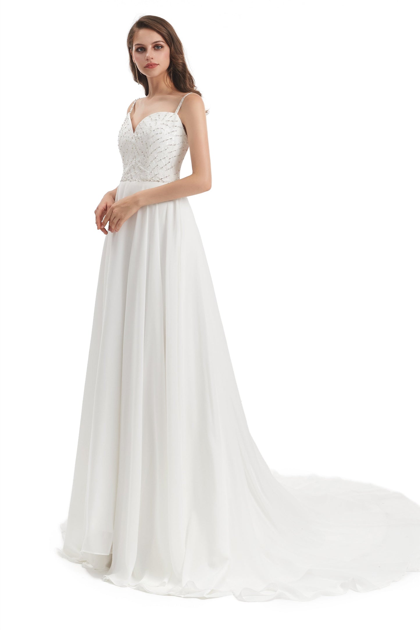 Mermaid Spaghetti strap Beading V-neck Floor-length Sleeveless Backless Wedding Dress