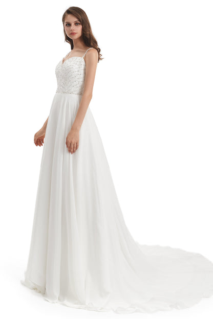 Mermaid Spaghetti strap Beading V-neck Floor-length Sleeveless Backless Wedding Dress