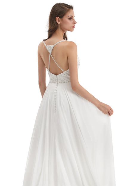 Mermaid Spaghetti strap Beading V-neck Floor-length Sleeveless Backless Wedding Dress