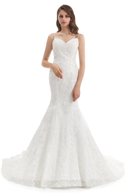 Mermaid Spaghetti strap Sweetheart Sequined Floor-length Sleeveless Backless Appliques Lace Wedding Dress