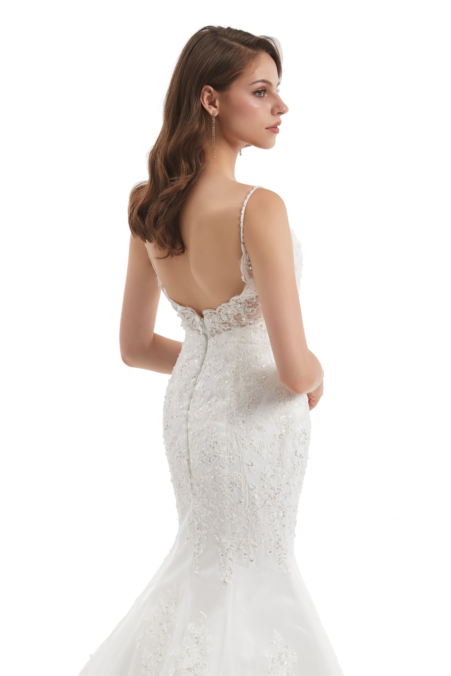 Mermaid Spaghetti strap Sweetheart Sequined Floor-length Sleeveless Backless Appliques Lace Wedding Dress