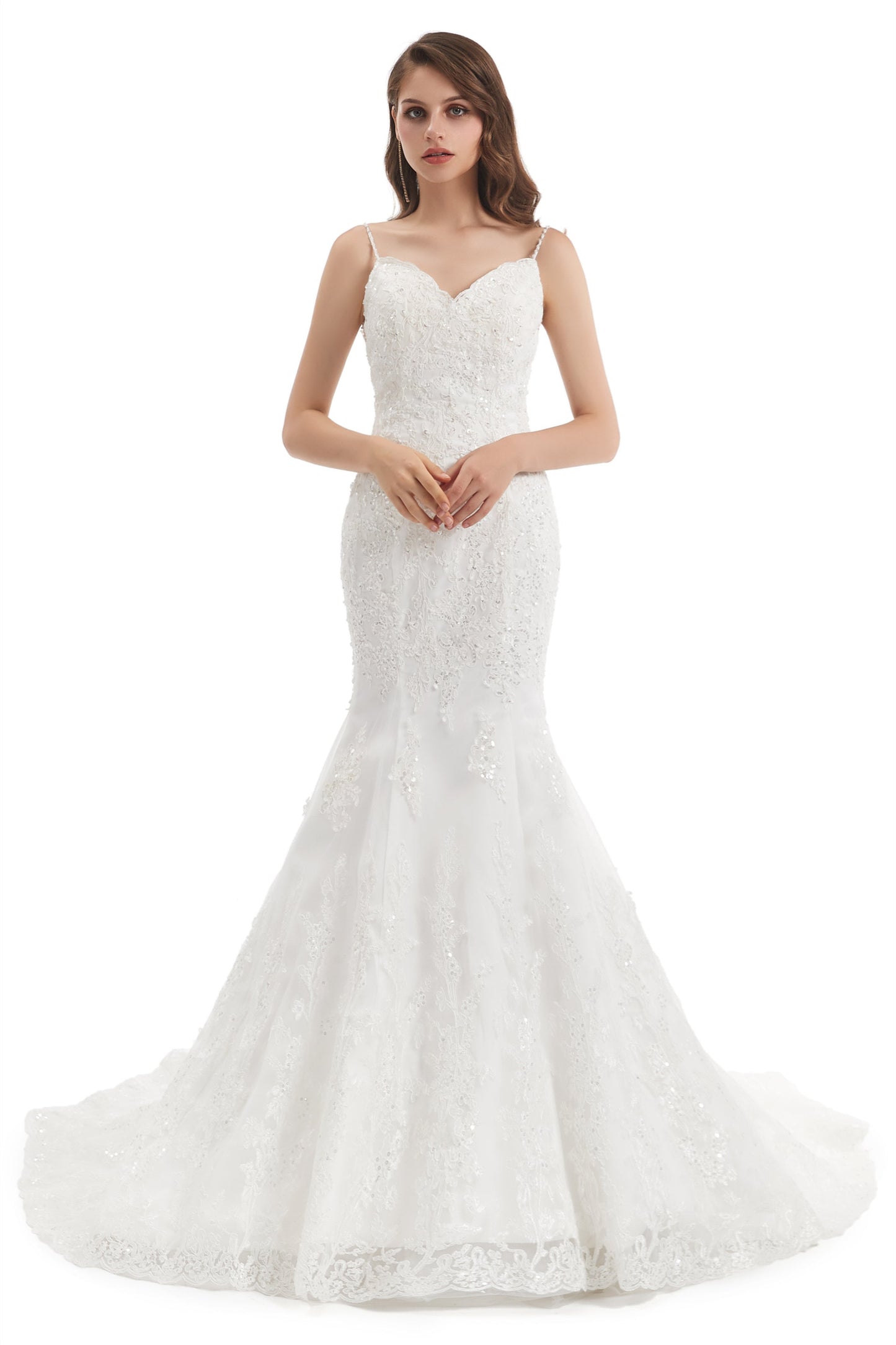 Mermaid Spaghetti strap Sweetheart Sequined Floor-length Sleeveless Backless Appliques Lace Wedding Dress