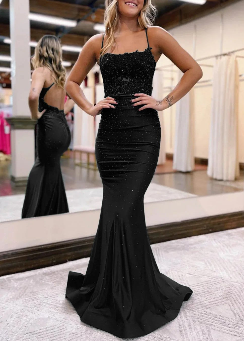 Jimena | Mermaid Spaghetti Straps Dark Green Long Prom Dress with Appliques