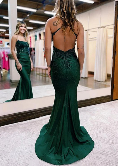 Jimena | Mermaid Spaghetti Straps Dark Green Long Prom Dress with Appliques