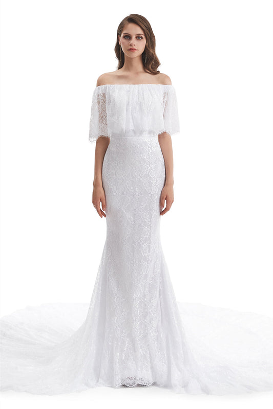 Mermaid Strapless Floor-length Off-the-shoulder Appliques Lace Short Sleeve Floor-length Wedding Dress